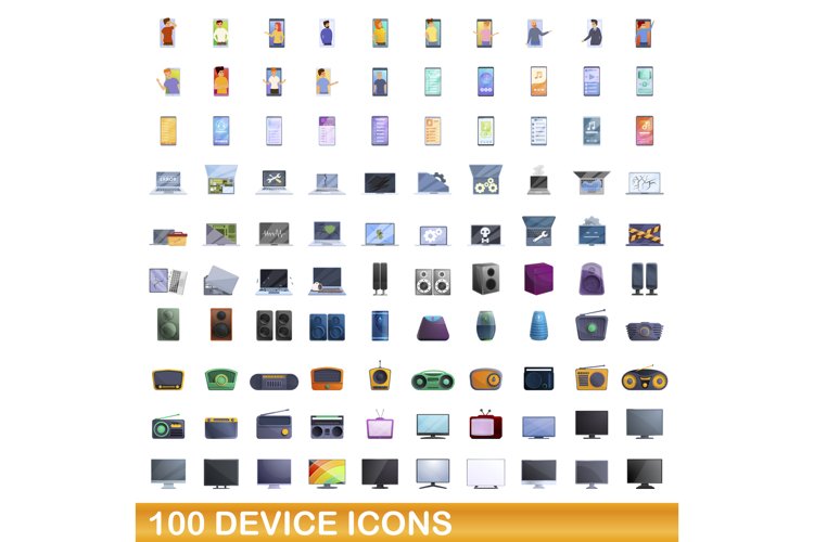 100 device icons set, cartoon style example image 1