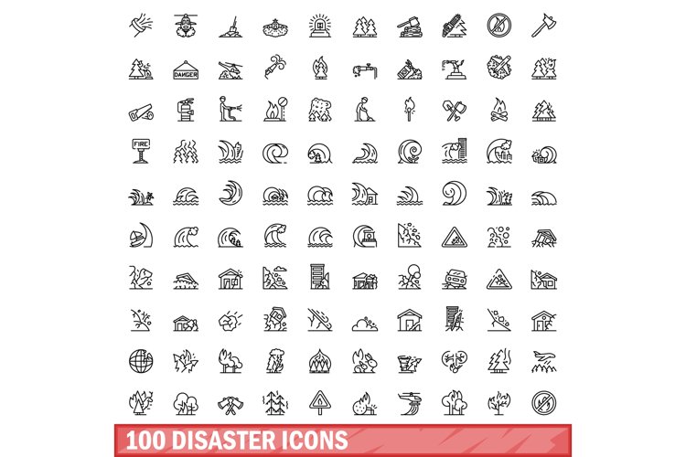 100 disaster icons set, outline style (1781009)
