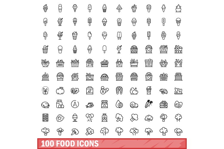 100 food icons set, outline style example image 1