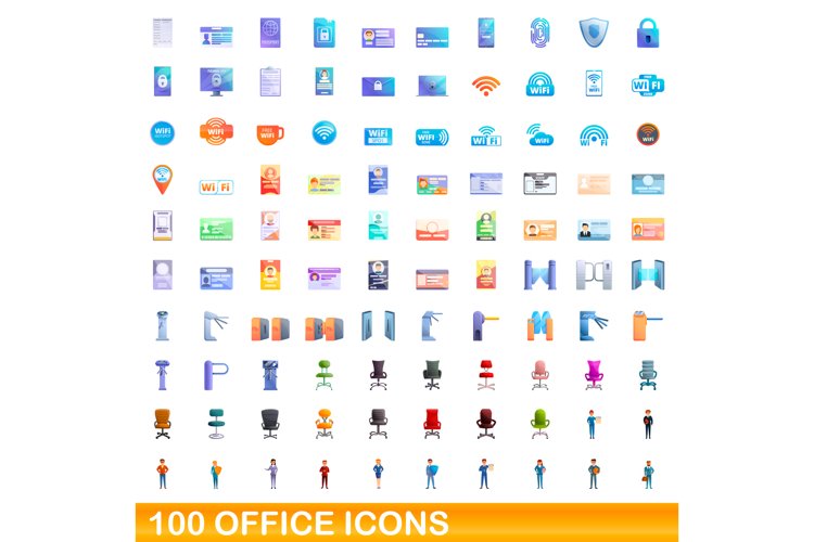 100 office icons set, cartoon style