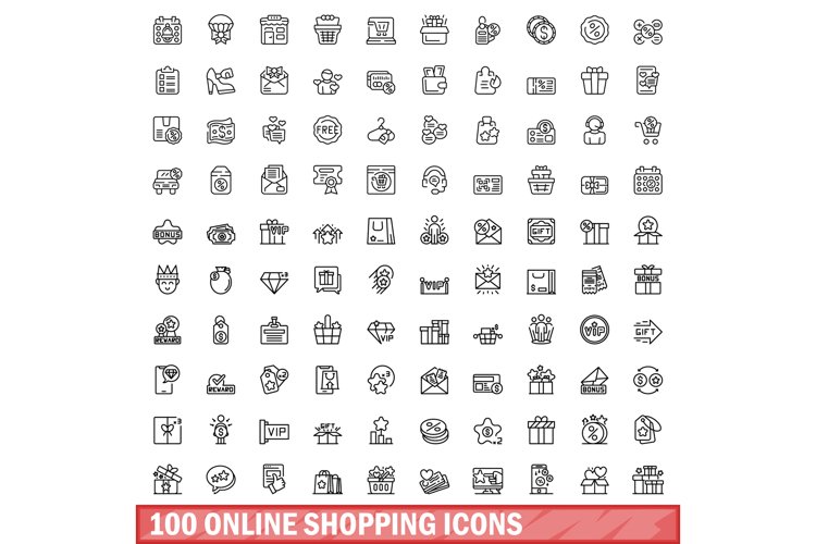 100 online shopping icons set, outline style