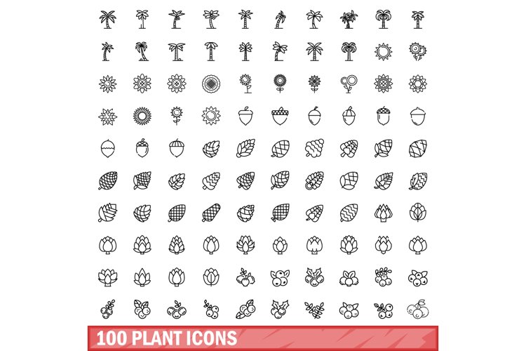 100 plant icons set, outline style