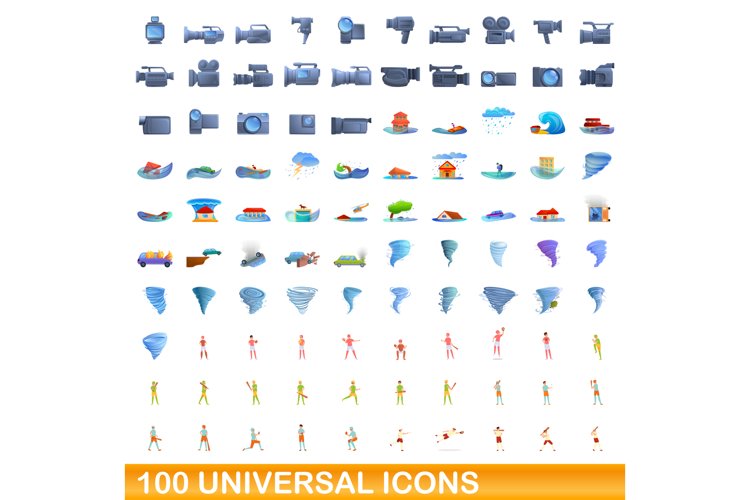 100 universal icons set, cartoon style example image 1