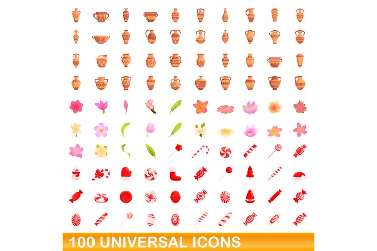 100 universal icons set, cartoon style