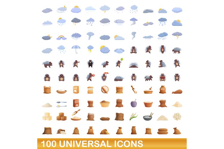 100 universal icons set, cartoon style example image 1