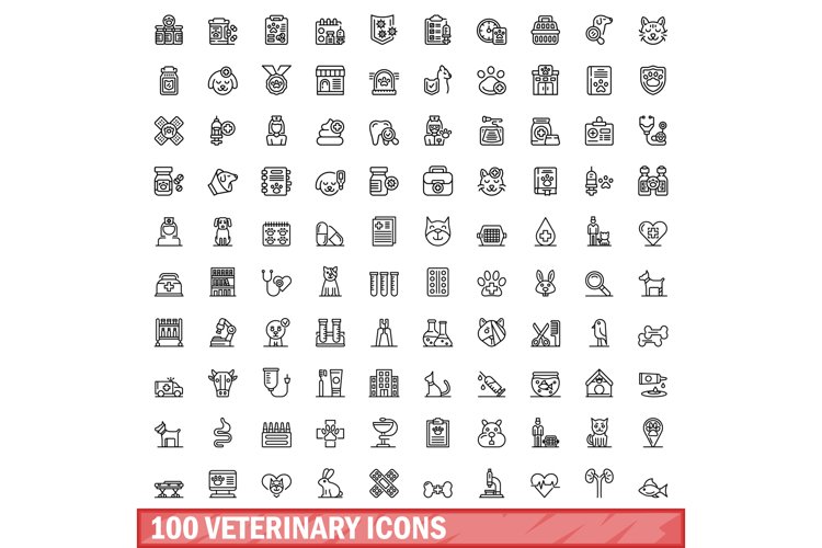 100 veterinary icons set, outline style example image 1