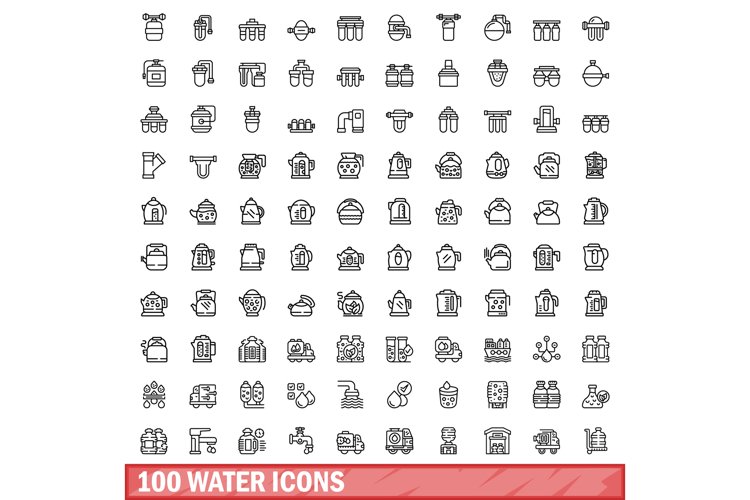 100 water icons set, outline style example image 1