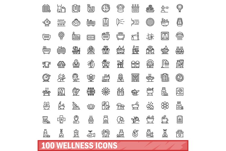 100 wellness icons set, outline style example image 1