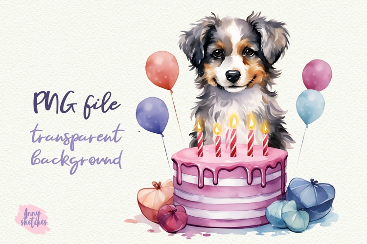 Dog Birthday Cake Watercolor Clipart PNG