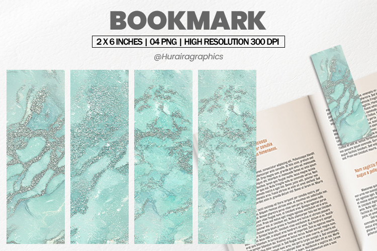 Teal Silver Marble Bookmark PNG, Bookmark Sublimation