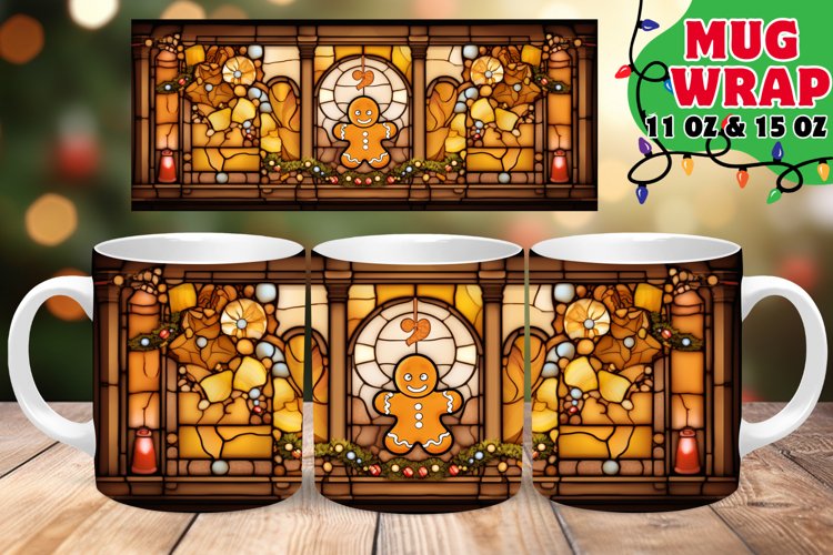 Christmas Gingerbread Man Stained Glass 11oz 15oz Mug Wrap