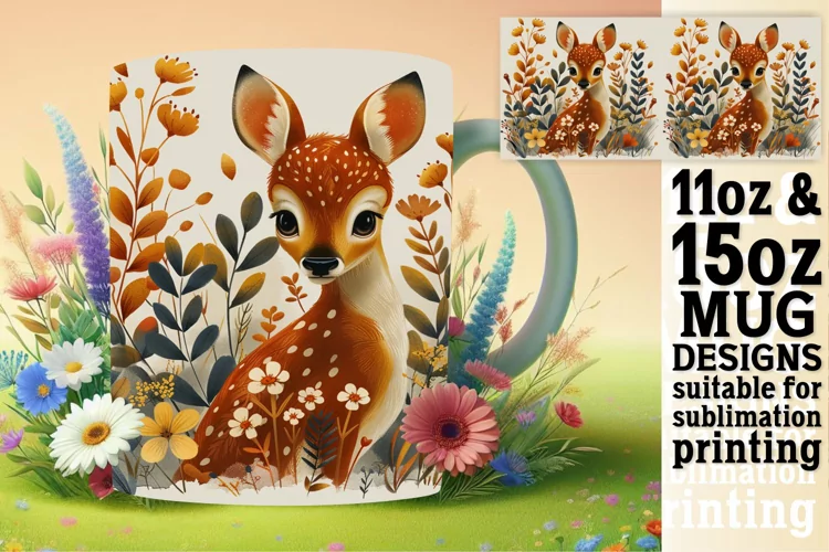 Spring Deer Watercolor Design Mug Wrap Sublimation