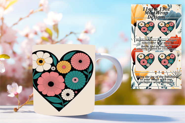 Beautiful 11oz Mug Wrap Png Artwork , Flowers Heart