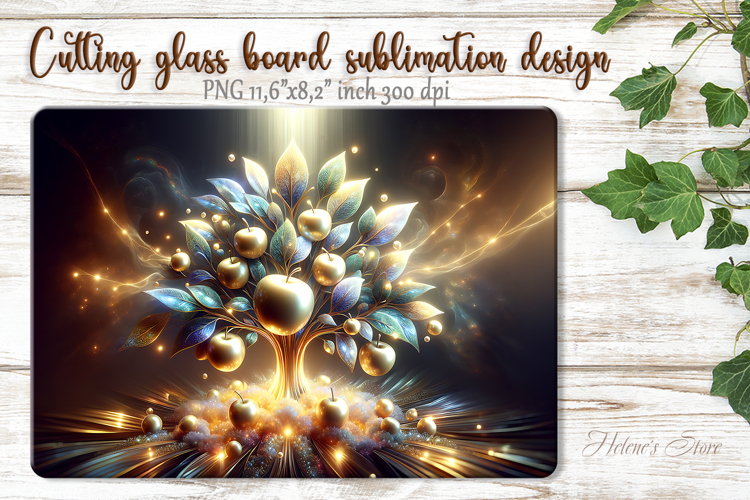 Fantasy Golden Apple Tree glass kitchen cutting board design