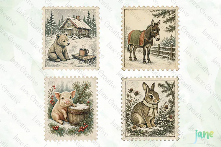Vintage Winter Postage Stamp Clipart