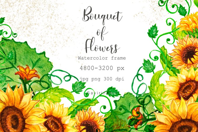 Watercolor Bouquet of Sunflowers Summer.Watercolor Clipart. example image 1