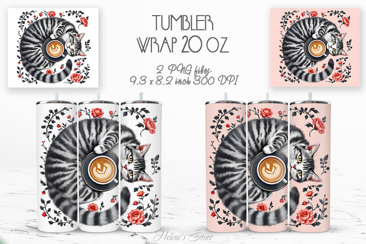 Cute cat and coffee cup straight tumbler 20oz wrap designs