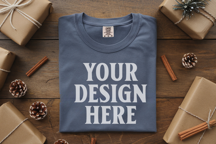 Blue Jean Comfort Colors 1717 Christmas Folded T-Shirt Mock