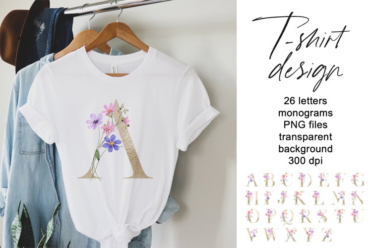 T-shirt design with gold monogram, flowers, leaf, PNG.