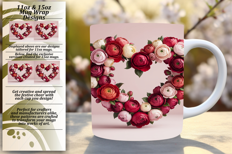 Trendy 15oz Mug Wrap Png Design , Flowers Heart
