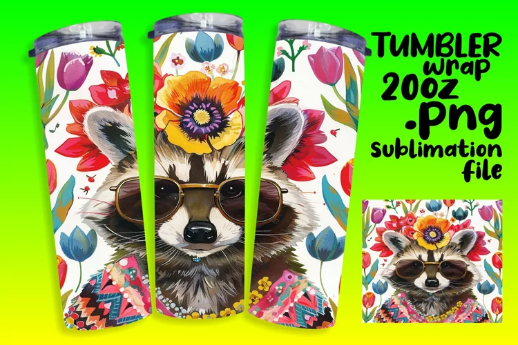 Colorful Raccoon with Blooms Tumbler Wrap Sublimation