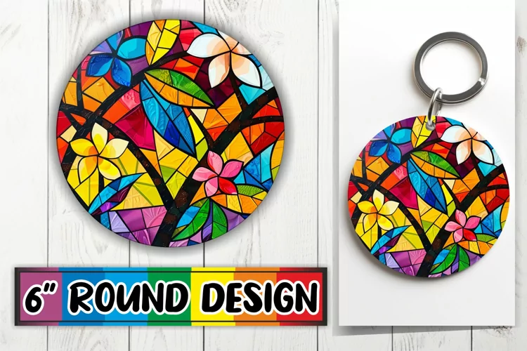 Stained Glass Tree Keychain Colorful Round Design Sublimatio