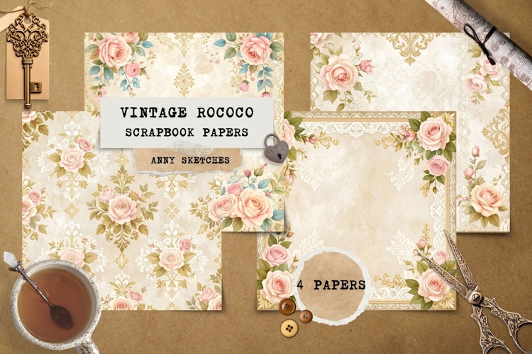 4 Vintage Rococo Rose Scrapbook Papers Junk Journal Bundle