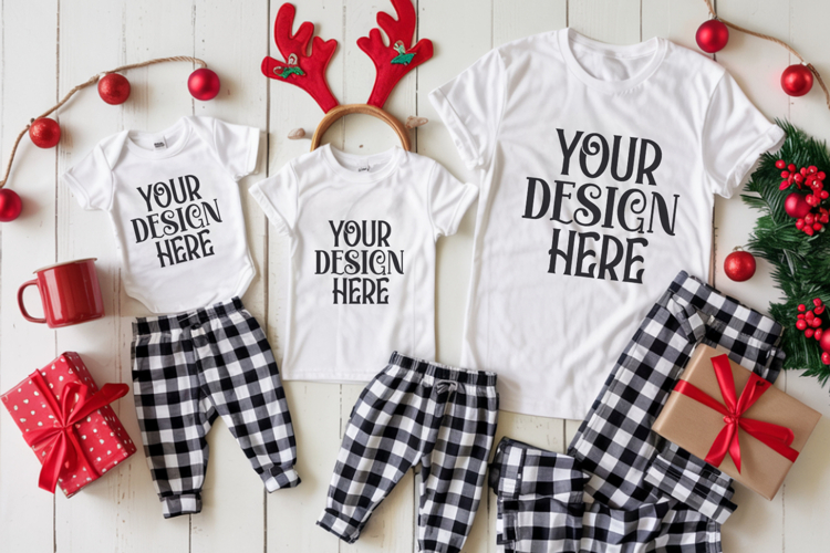 Christmas Family Matching Shirt Mockup | Cozy Boho Flat Lay