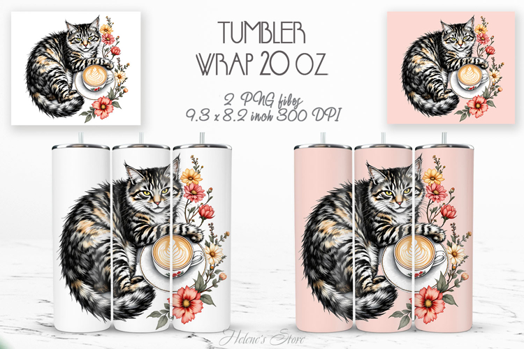 Cute cat and coffee cup straight tumbler 20oz wrap designs