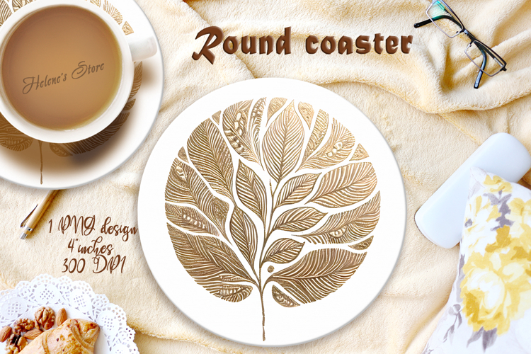Golden Watercolor Leaves round coaster sublimation design