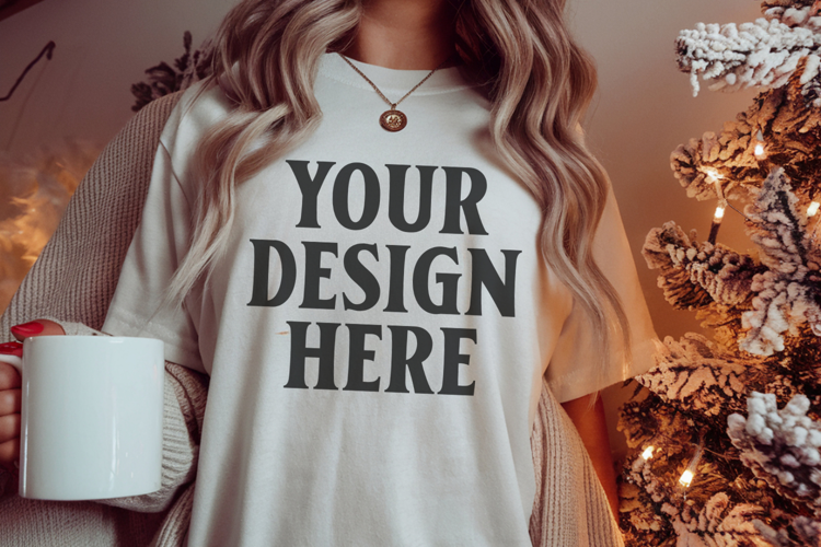 White Comfort Colors 1717 Christmas Shirt Mockup, Cozy