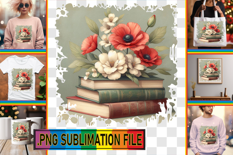 Playful TSHIRT Gift Ideas PNG, Book and flower