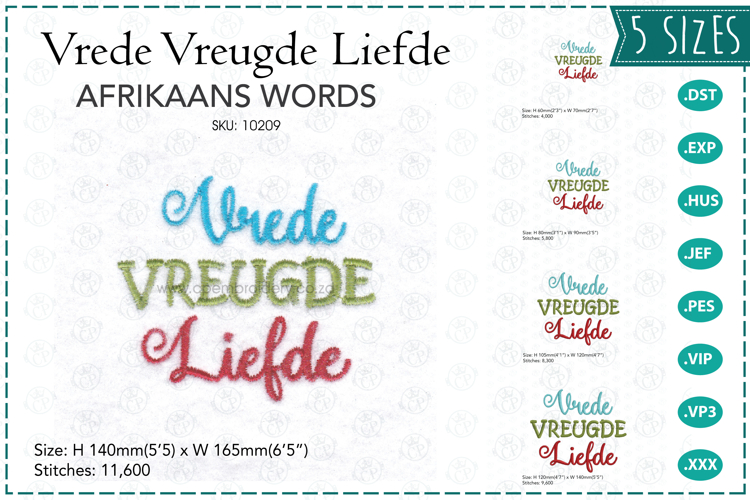 Vrede, Vreugde, Liefde Afrikaans Words Embroidery Design