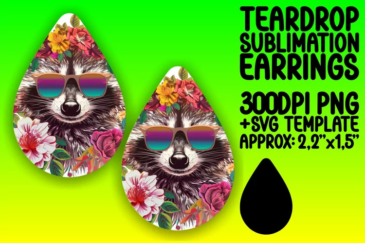Colorful Raccoon with Blooms Teardrop Earrings Sublimation