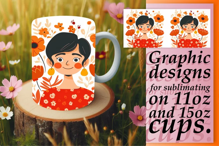 Artistic Woman Mug Wrap with Flower Design 11oz/15oz