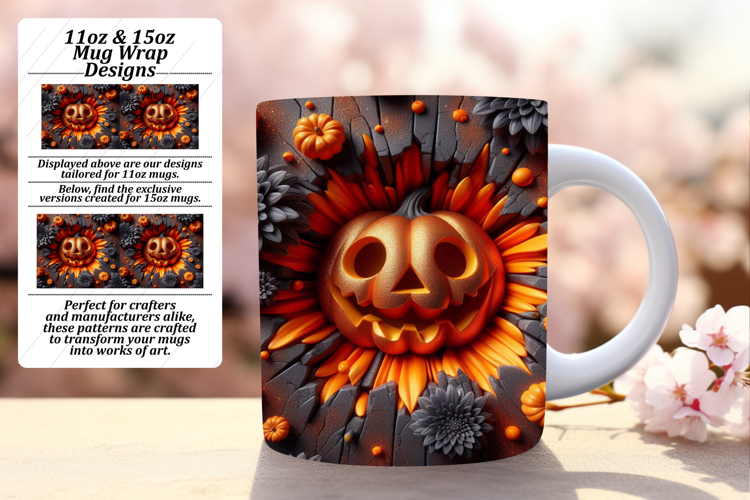 Chic 15oz Mug Wrap Png Design , 3D Pumpkin