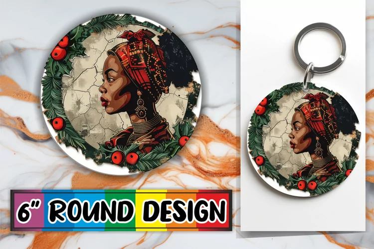 Winter Holiday Round Design Keychain Woman Portrait