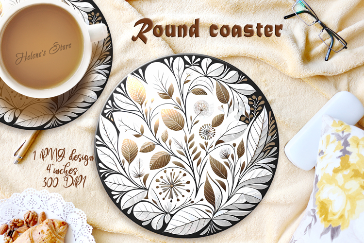 Golden Watercolor Leaves round coaster sublimation design