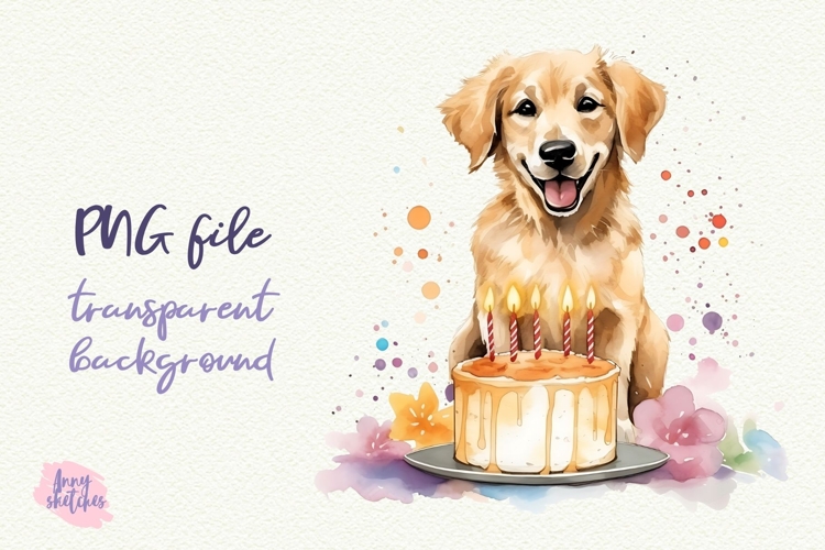 Dog Birthday Cake Watercolor Clipart PNG