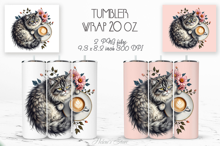Cute cat and coffee cup straight tumbler 20oz wrap designs