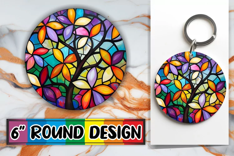 Stained Glass Tree Round Design Keychain Colorful