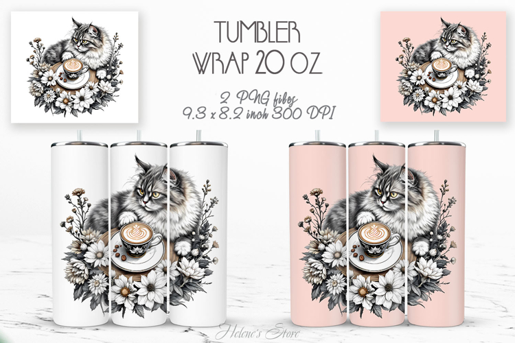 Cute cat and coffee cup straight tumbler 20oz wrap designs