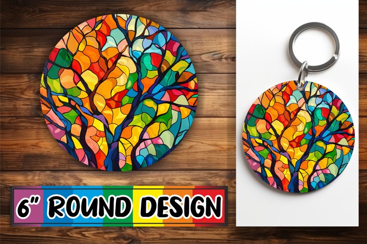 Colorful Stained Glass Tree Keychain Round Design Sublimatio example image 1