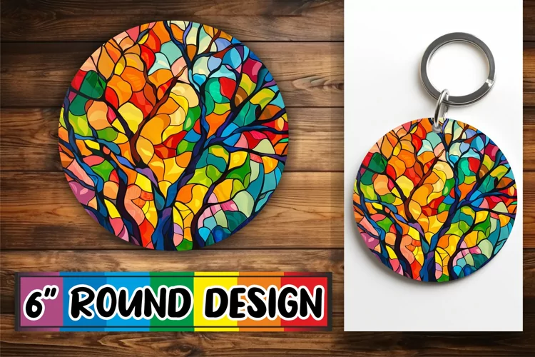 Colorful Stained Glass Tree Keychain Round Design Sublimatio