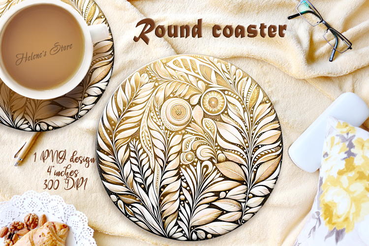 Golden Watercolor Leaves round coaster sublimation design