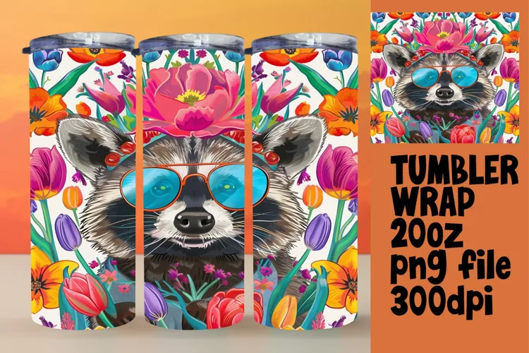 Sublimation Wrap: Vibrant Raccoon & Flowers Design