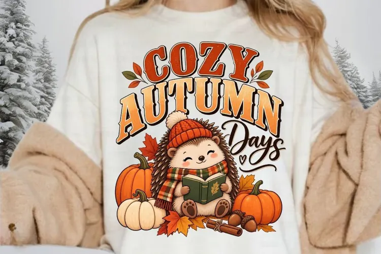 Cozy Autumn Days PNG, Cute Hedgehog Reading Book Fall