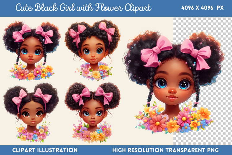Cute Black Girl with Flower Clipart PNG