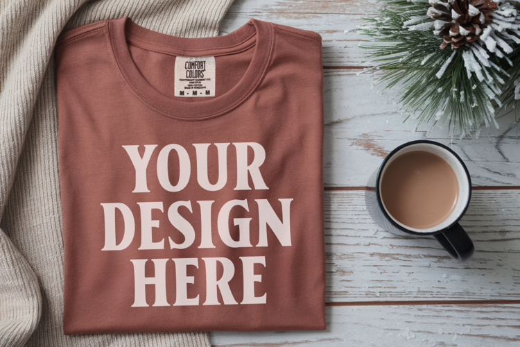 Brick Comfort Colors 1717 Christmas Folded T-Shirt Mockup