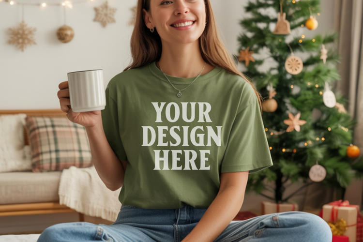 Comfort Colors 1717 Moss Christmas T-Shirt Mockup, Boho
